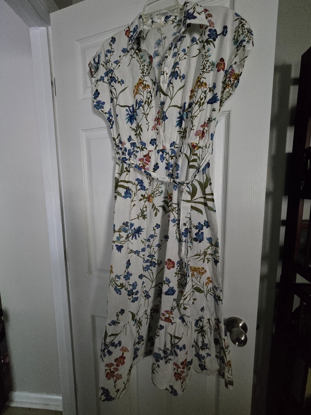 Floral Midi Shirt Dress in White with Blue & Green Botanical Print